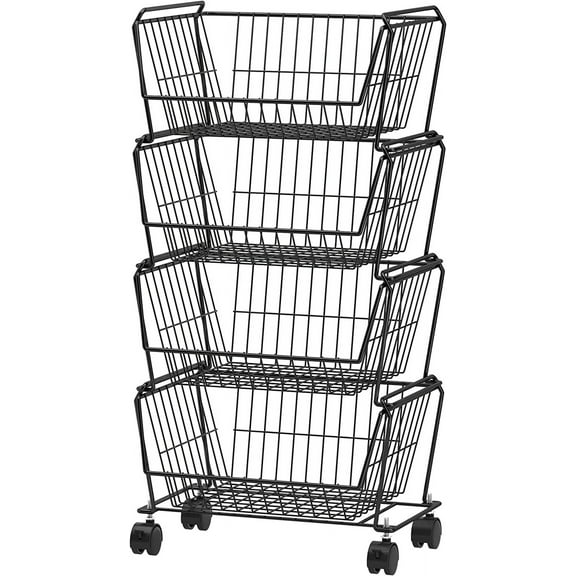 4-Tier Stackable Metal Storage Baskets, Anti-Rust Fruit Vegetable Rack, Dual Use Shelf for Kitchen, Home & Office, Black