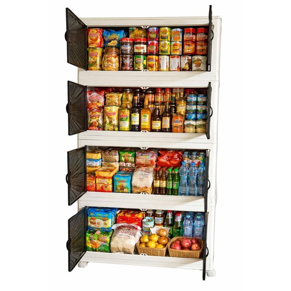 4-Tier Stackable Pantry Storage Cabinet, Standard White, With Mesh Doors And Wheels
