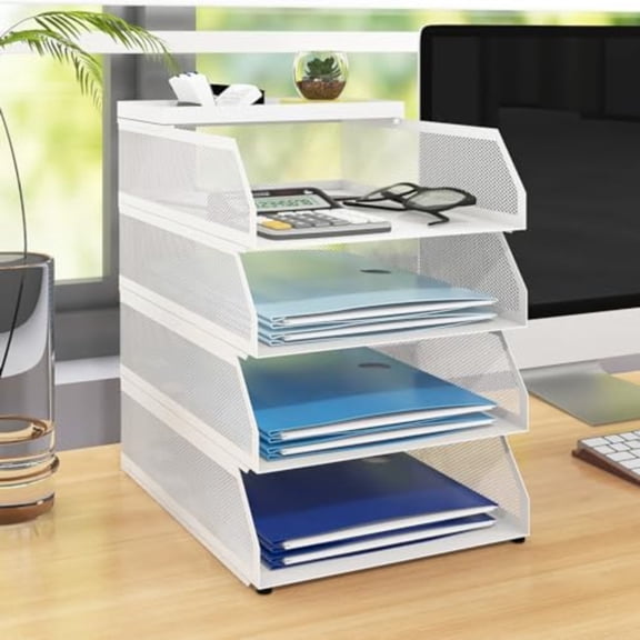 4-Tier Stackable Paper Tray Metal Mesh Desktop Organizer Paper Sorter Letter Trays File Document Storage Rack for for Home Office School White