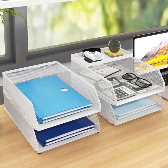 4-Tier Stackable Paper Tray, Metal Mesh Desktop Organizer, Paper Sorter, Letter Trays,File Document Storage Rack for for Home, Office, School (White)