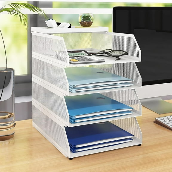 4-Tier Stackable Paper Tray, Metal Mesh Desktop Organizer, Paper Sorter, Letter Trays,File Document Storage Rack for for Home, Office, School (White)