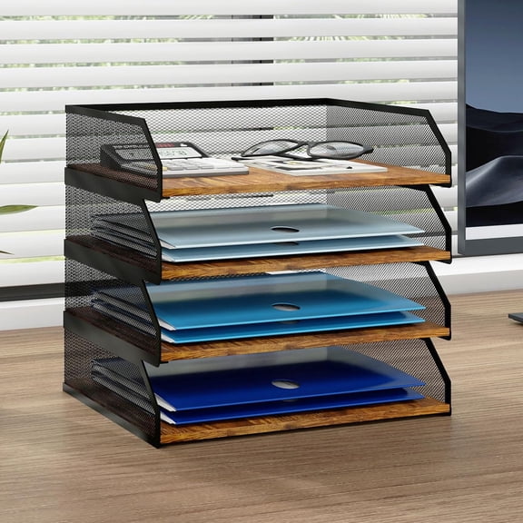 4-Tier Stackable Paper Tray, Wooden Paper Organizer for Desk,Metal Mesh Desktop Organizer, Paper Sorter, Letter Trays,File Document Storage Rack for for Home, Office, School (Retro)