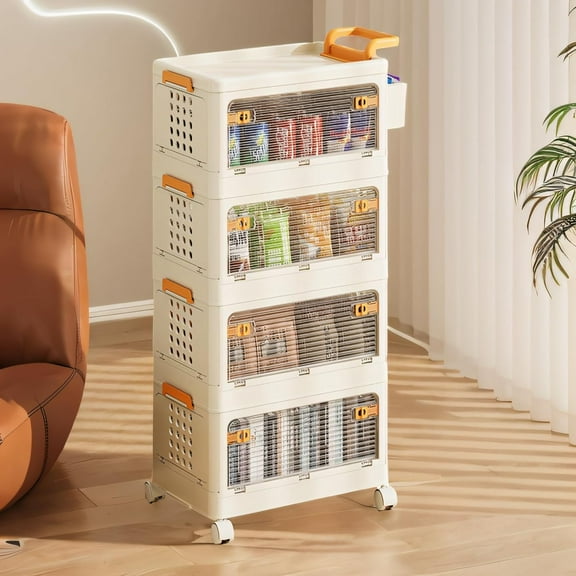 4 Tier Stackable Plastic Storage Bins with Lid, 44 Qt Foldable Storage Containers, Closet Organizers and Storage with Wheels, Organization and Storage Boxes for Home, Pantry, Office, Dorm