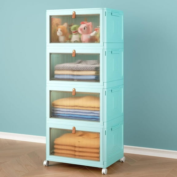 4 Tier Stackable Plastic Storage Bins with Lid and Wheels - 23 QT Closet Organizers and Storage, Foldable Storage Containers, Organization and Storage Boxes for Craft, Home, Pantry, Dorm,Green