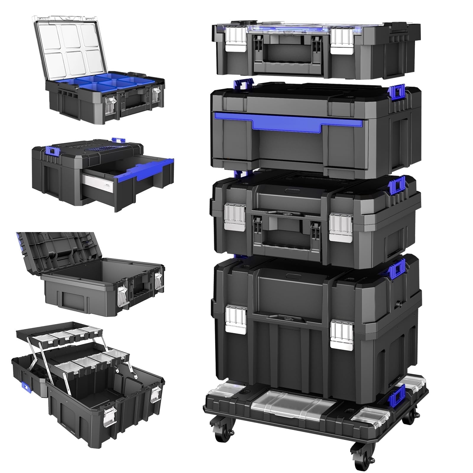 Heavy-Duty 4-Tier Stackable Rolling Tool Box with Clear Top Lid & Drawers, Modular Tool Storage Organizer System on Wheels for Garage & Home Repair