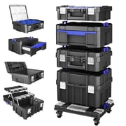Heavy-Duty 4-Tier Stackable Rolling Tool Box with Clear Top Lid & Drawers, Modular Tool Storage Organizer System on Wheels for Garage & Home Repair