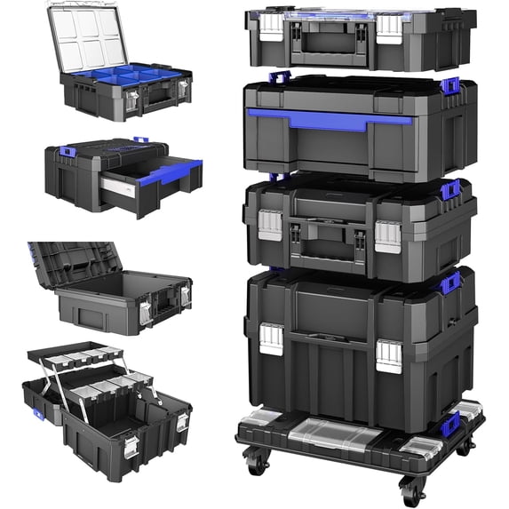 4 Tier Stackable Rolling Tool Box with Wheels | Modular Tool Organizer Box Storage System | Portable Tool Box with Drawers | Tough and Durable | For Garage Storage, Home Repairs, Professional Work
