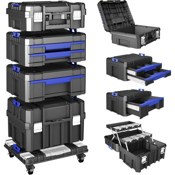 4 Tier Stackable Rolling Tool Box with Wheels, Modular Storage System, Portable Drawer Organizer for Garage & Professional Use