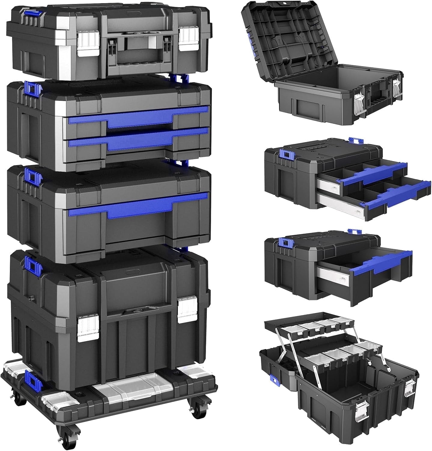4-Tier Stackable Rolling Tool Box with Wheels, Modular Tool Organizer Toolbox with Drawers & Portable Storage System for Garage Home Workshop
