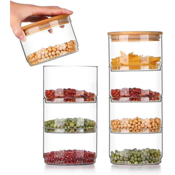 4-Tier Stackable Round Glass Storage Containers Clear Glass Jar with ...