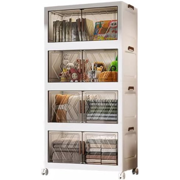 4 Tier Stackable Storage Bins with Lids, 21QT Plastic Stackable Storage Bins, Foldable Storage Bins with Wheels & Doors, Storage Cabinet for Bedroom, Living Room,Office$$Home Decor, Kitchen, & Other