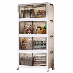4 Tier Stackable Storage Bins with Lids, Plastic Storage Containers with Magnetic Doors & Wheels, Collapsible Storage Bins Closet Organizers, Foldable Organization for Home, Party (Clear)