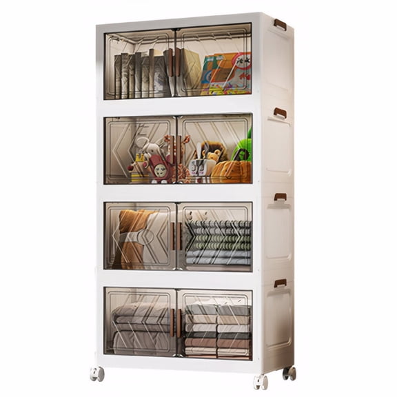 4 Tier Stackable Storage Bins with Lids, Plastic Storage Containers with Magnetic Doors & Wheels, Collapsible Storage Bins Closet Organizers, Foldable Organization for Home, Party (Clear)