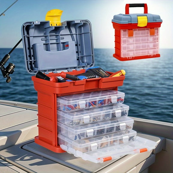 4 Tier Stackable Storage Box - Red Plastic Organizer with Clear Lid and Safety Latches for Tools Jewelry Cosmetics