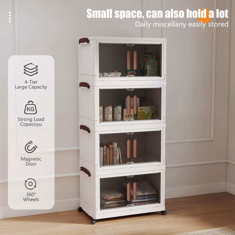 4 Tier Stackable Storage Box with Lid and Wheels, Foldable Collapsible Organizer, Clothing Storage Cabinet for Home Office, Living Room