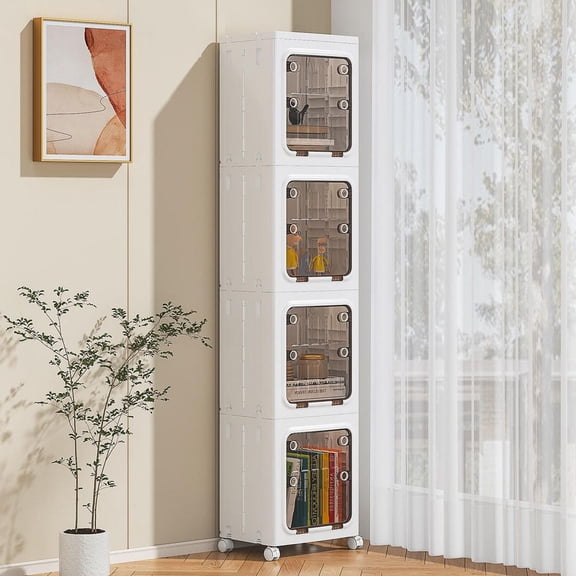 4-Tier Stackable Storage Cabinet Set with Clear Doors and Wheels, 65.3 in. Foldable Bathroom Organizer Tower, White