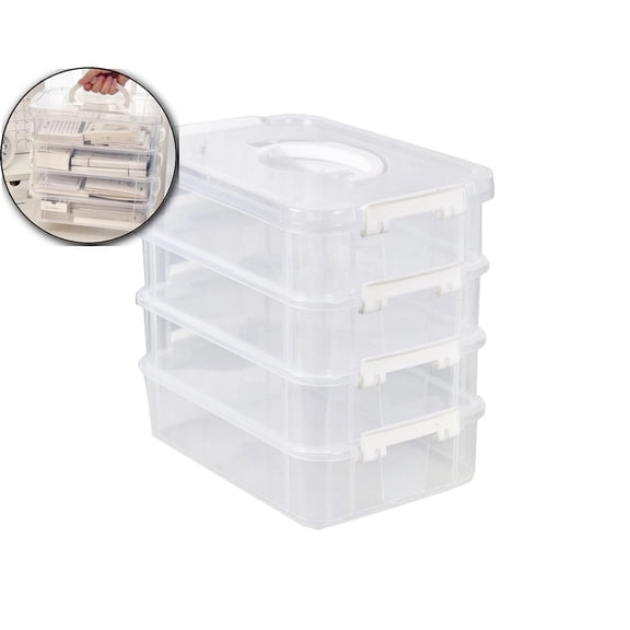 4-Tier Stackable Storage Container Box Handled Organizer Storage Box Stackable Carry Box with Removable Tray Transparent Storage Case Stack Carry Storage Box