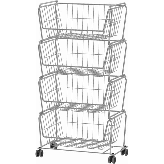 4-Tier Stackable Wire Storage Basket with Wheels, Metal Rolling Utility Cart, Silver Grey
