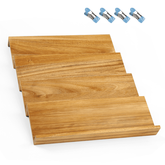 4 Tier Stackable Wooden Spice Drawer Organizer, Space-Saving Countertop & Cabinet Seasoning Storage, Quick Positioning, Single Size 13"L x 4.7"W, Includes 4 Sealing Clips