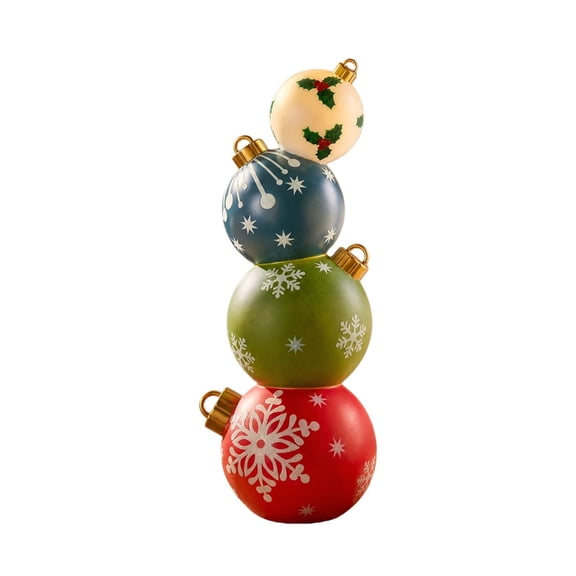 4 Tier Stacked Christmas Ball Ornament Statue, Snowflake Holly Pattern Resin Tabletop Decor, Festive Indoor Mantel Shelf Winter Holiday Ornament