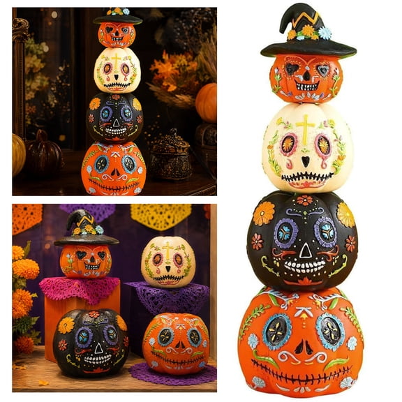 4-Tier Stacked Sugar Skull Pumpkin Figurine with Witch Hat, Sugar Skull Pattern Pumpkin Tabletop Ornament for Halloween Home Decor