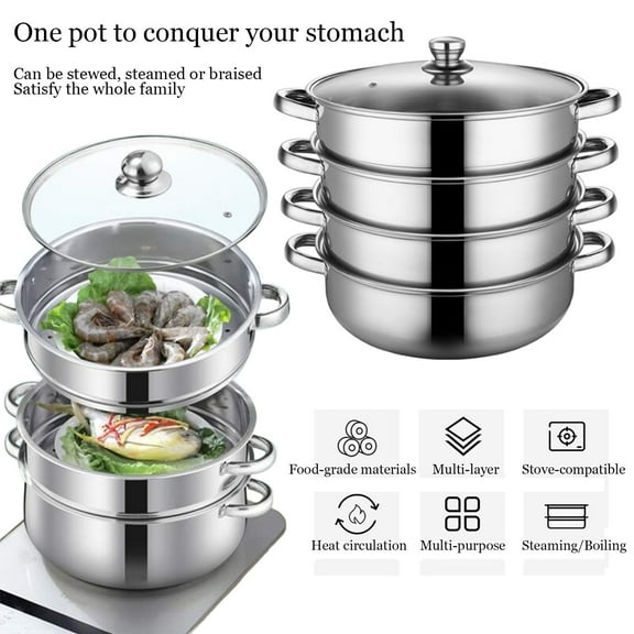 Leyeet 4 Tier Stainless Steel Steamer Pot, Multipurpose Stainless Steel Steaming Pot Cookware with Handle and Lid, Stepped Steamer for Vegetable, Dumpling, Stock, Sauce, Food