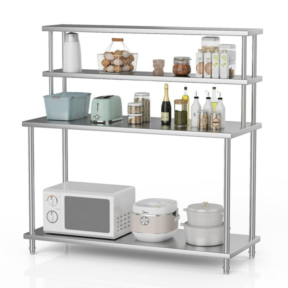 4-Tier Stainless Steel Work Table with Double Overshelves, Adjustable Under Shelf, 60x24 inch, 360+220 lb Capacity, Heavy-Duty for Home, Restaurant, Warehouse, and Lab Use