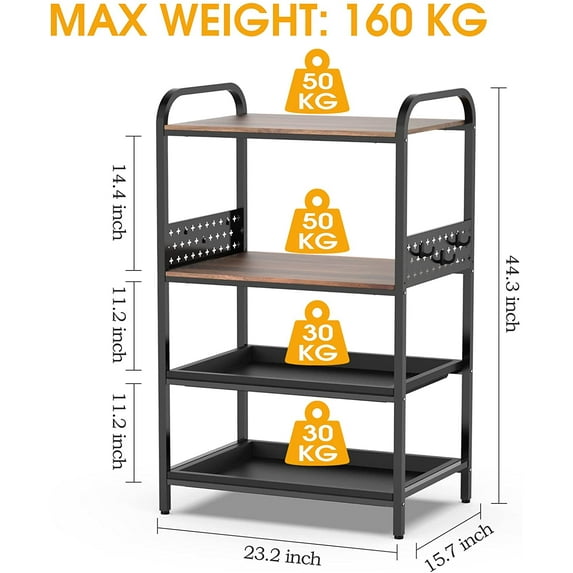 4-Tier Standing Bakers Rack with Wooden Table, Microwave Stand with Storage, Oven Shelf Appliance Organizer with Side Hanging Pegboard, Book Shelf Bar Shelf for Kitchen Island, Livingroom
