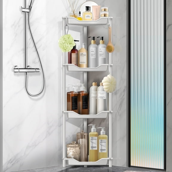 4 Tier Standing Shower Caddy for Bathroom Organizer: Rustproof Corner Shower Shelves Storage with Large Capacity - Shower Organizer Rack for Bathroom Essentials, White