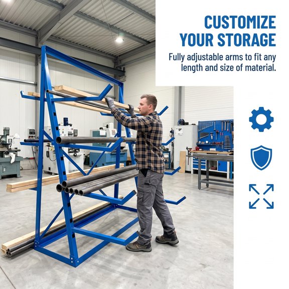 4 Tier Steel Horizontal Storage Rack,2000 lbs Capacity, Heavy Duty Free Standing Bar Storage Cantilever Rack, Adjustable Pipe Storage Rack,4 Level Wood Lumber Shelf Organizer for Garage Workshop Shed