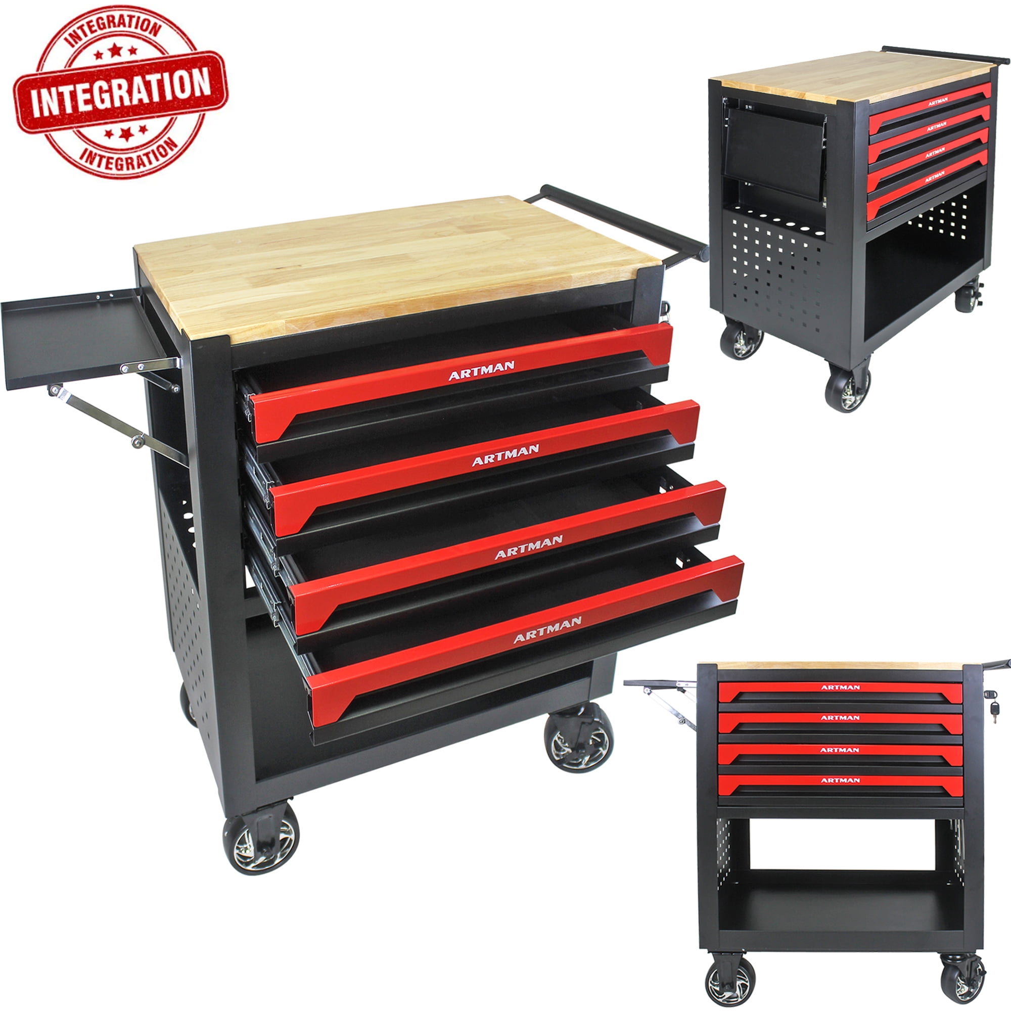 4-Tier Steel Tool Cart & Rolling Tool Chest, Seizeen Movable Wooden Top  Work Bench with Fixed Wheels, Tool Storage Cabinet, Extended Tray & Handle