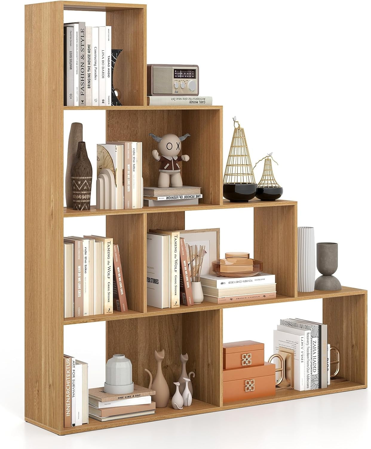 4-Tier Stepped Bookshelf, Freestanding 6 Cubes Ladder Bookcase with ...