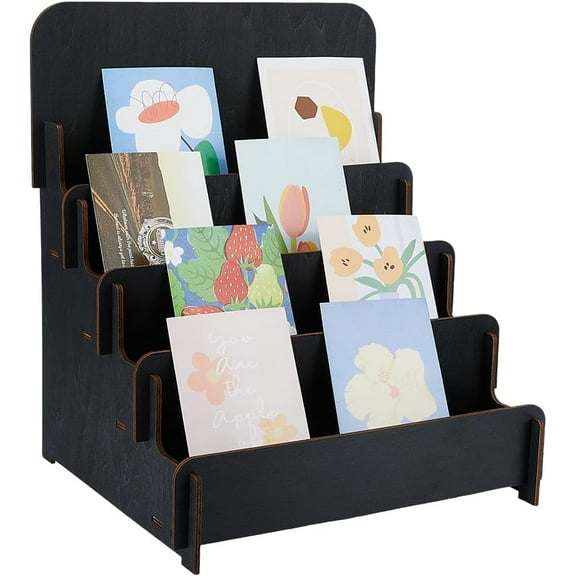 4-Tier Sticker Display Stand Wooden Greeting Card Display Stand Black Vendors Postcard Organizer Multipurpose Brochure Holder Display Stand for Pictures Magazines 30x26.5x35.3cm Black 1set
