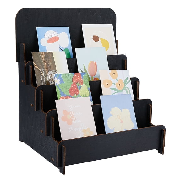 4-Tier Sticker Display Stand Wooden Greeting Card Display Stand Black Vendors Postcard Organizer Multipurpose Brochure Holder Display Stand