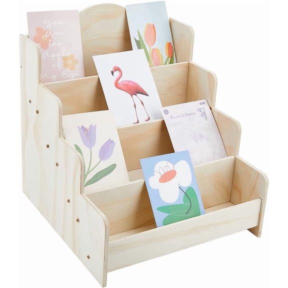 4-Tier Sticker Display Stand Wooden Greeting Card Display Stand Vendors Postcard Organizer Multipurpose Brochure Holder Displays Holder for Brochure Pictures Postcard 31x29x29.6cm