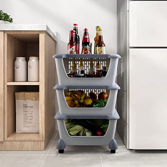 4-Tier Storage Basket Cart with Rolling Wheels, Plastic Stacking Basket Bin