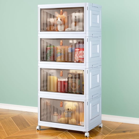 4 Tier Storage Bins with Lids, 23QT Stackable Closet Organizers and Storage with Wheels, Collapsible Storage Boxes, Foldable Plastic Storage Containers for Home,Office, Dorm Room-White