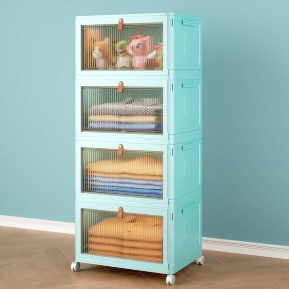 4 Tier Storage Bins with Lids, Stackable Closet Organizers and Storage with Wheels, Collapsible Storage Boxes, Foldable Plastic Storage Containers for Home,Office, Dorm Room-White