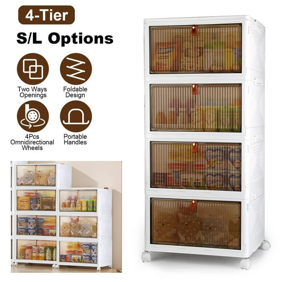 4 Tier Storage Bins with Lid 86QT Stackable Storage Cabinet with Wheels Collapsible Closet Organizers and Storage for Home Office Dorm Beige