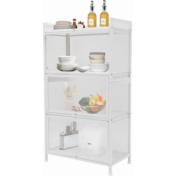 4 Tier Storage Cabinet,Kitchen Storage Rack,Pots and Pans Cabinet with Translucent Cabinet Doors&Hooks for Kitchen,Dining Room 23.6 * 12.6 * 43.1in White (White)