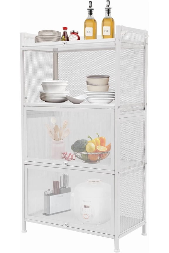 4 Tier Storage Cabinet,Kitchen Storage Rack,Pots and Pans Cabinet with Translucent Cabinet Doors&Hooks for Kitchen,Dining Room 23.6 * 12.6 * 43.1in White (White)