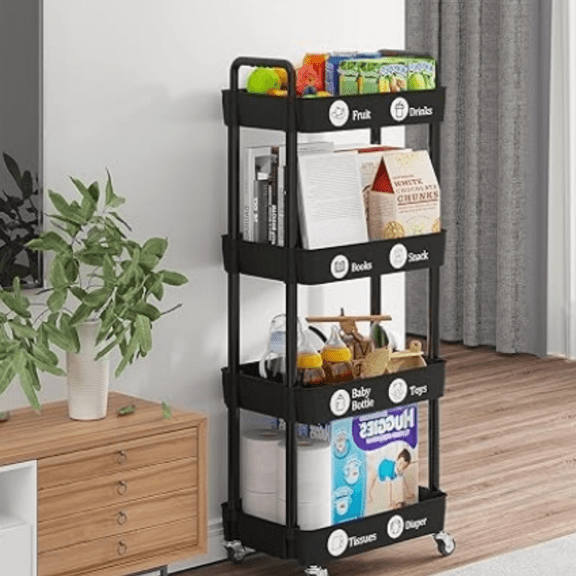 4-Tier Storage Cart,Multifunction Utility Rolling Cart Kitchen Storage Organizer,Mobile Shelving Unit Cart with Lockable Wheels for Bathroom,Laundry,Living Room,With Classified Stickers,Black