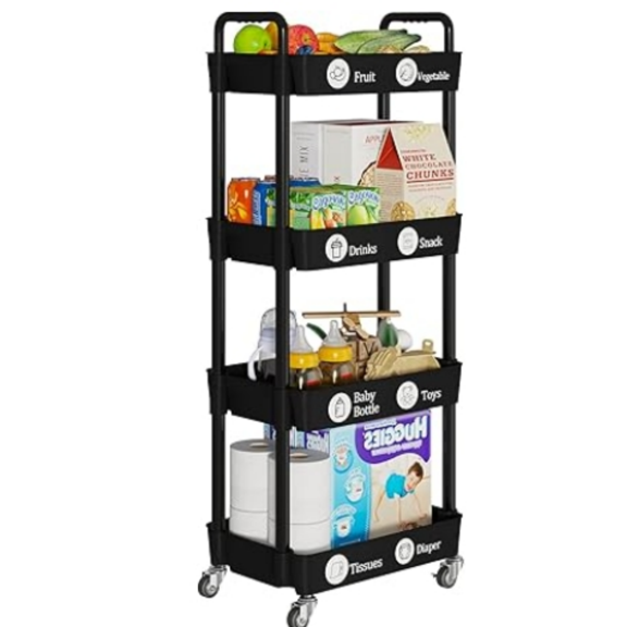 4-Tier Storage Cart,Multifunction Utility Rolling Cart Kitchen Storage Organizer,Mobile Shelving Unit Cart with Lockable Wheels for Bathroom,Laundry,Living Room,With Classified Stickers,Black