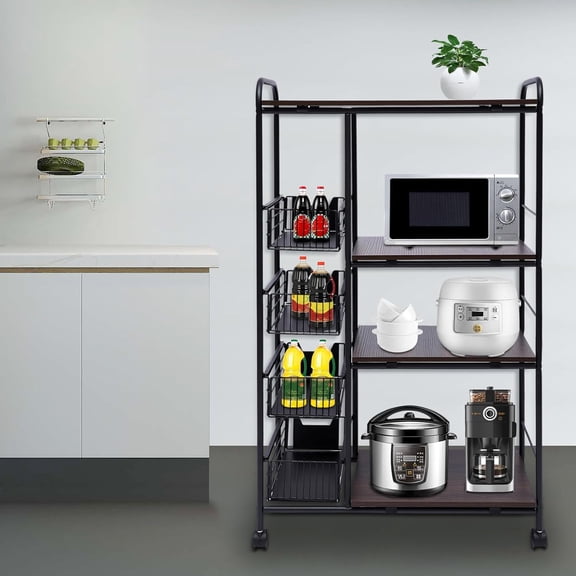 4 Tier Storage Rack with 360 Swivel Wheels, Black Kitchen Bakers Rack with 220 Lbs Load-Bearing Capacity, Free Standing Storage Cart for Home Kitchen Office, 45.28x27.95x13.78 Inch