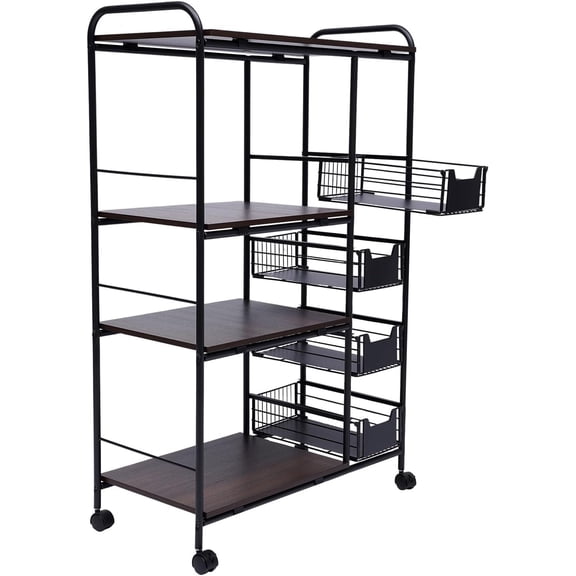 4 Tier Storage Rack with 360? Swivel Wheels, Black Kitchen Bakers Rack with 220 Lbs Load-Bearing Capacity, Free Standing Storage Cart for Kitchen Office, 45.28x27.95x13.78 Inch