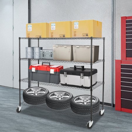 4-Tier Storage Shelf, Adjustable Storage Rack 24*60*54in Modern Black Adjustable Wire Shelving with Wheels