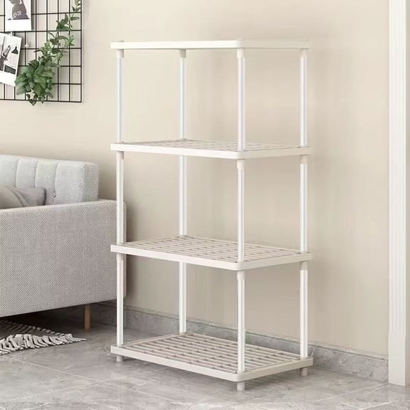4 Tier Storage Shelf, Freestanding Plastic Shelving Unit for Kitchen Pantry, Slim Space-Saving Organizer for Bedroom, Garage, Bathroom, Lightweight Utility Rack with Tool-Free Assembly