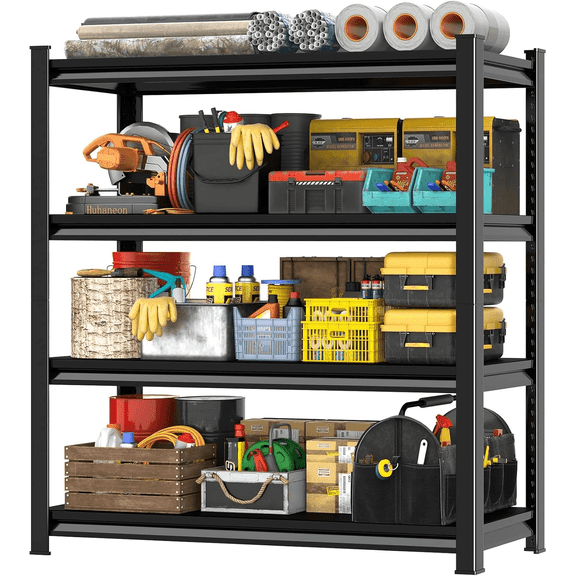 4-Tier Storage Shelves, 44''H Garage Metal Shelving Unit, Adjustable, Double-Layer Column with Reinforced Ribs, Heavy-Duty, Capable of Bearing 2400 lbs for Garage, Warehouse, Kitchen