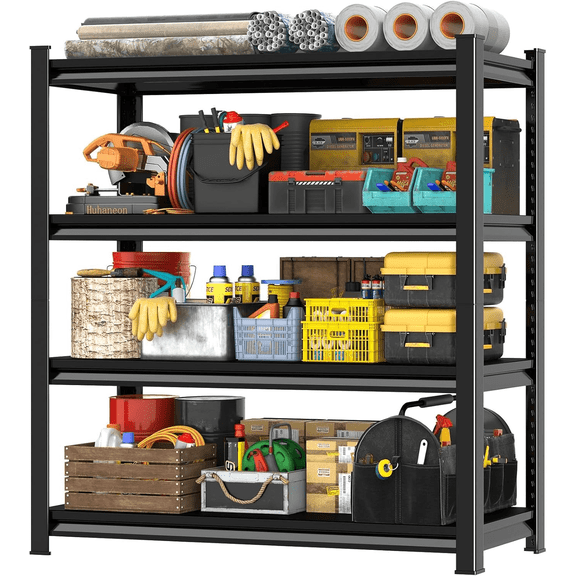 4-Tier Storage Shelves, 44''H Garage Metal Shelving Unit, Adjustable, Double-Layer Column with Reinforced Ribs, Heavy-Duty, Capable of Bearing 2400 lbs for Garage, Warehouse, Kitchen