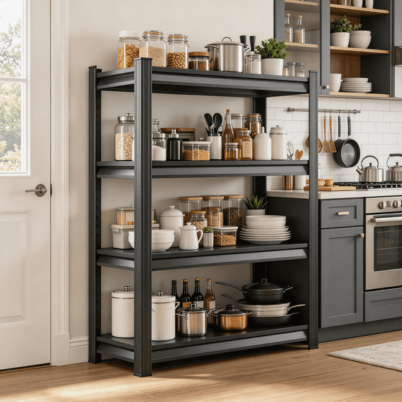 4-Tier Storage Shelves,Heavy-Duty Garage Metal Shelving , Adjustable, Double-Layer Column with Reinforced Ribs, 2400 lbs for Warehouse Basement Kitchen Pantry Bathroom Laundry Shop